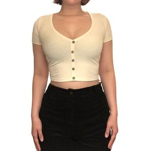 Off White Short Sleeve Button up Crop Top